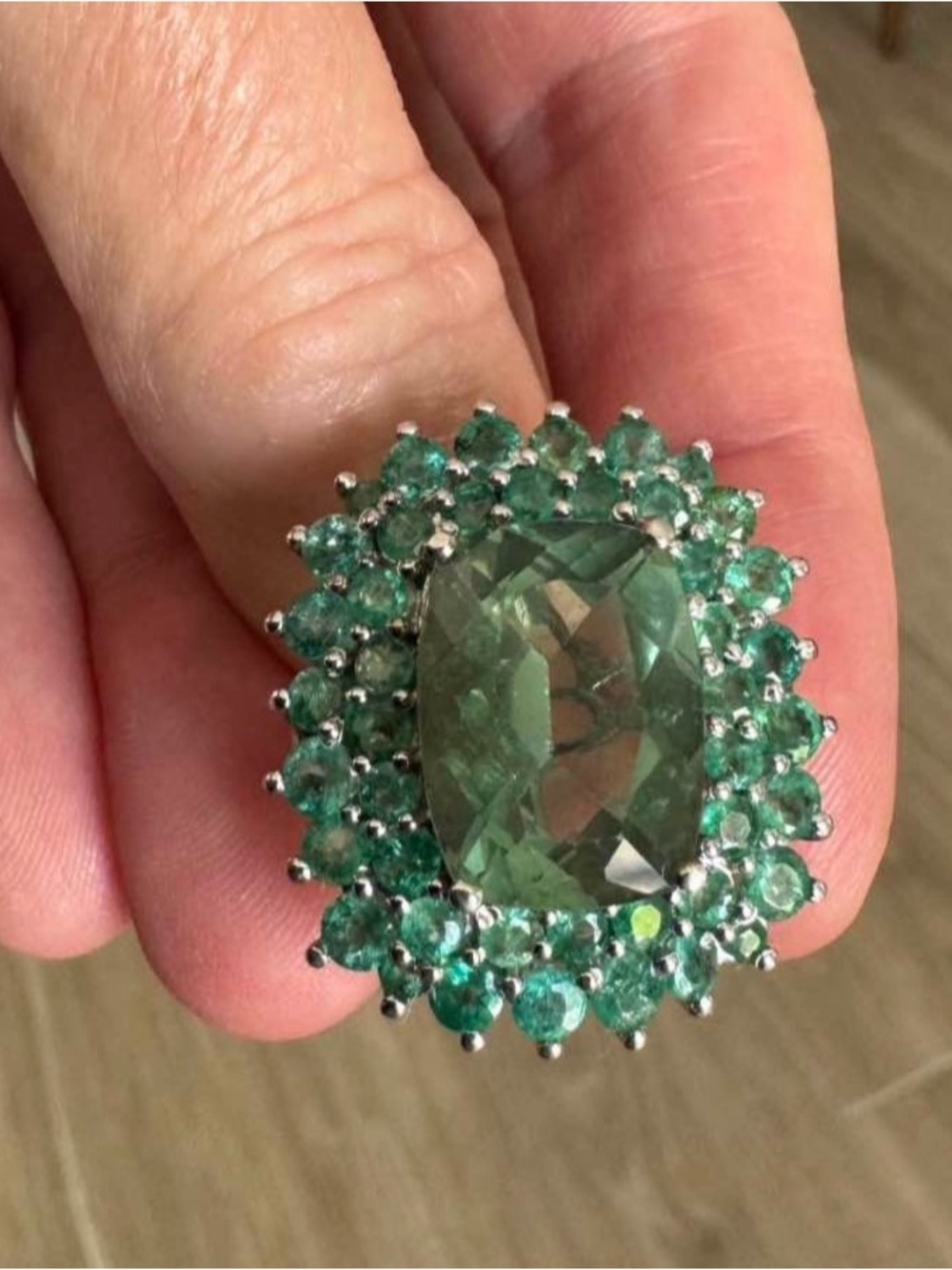 Green Oval Gem Halo Cocktail Ring - Picture 2 of 9
